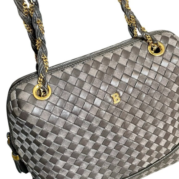 Bally Gray Woven Leather & Suede Vintage Intrecciato Double Strap Shoulder Bag - Picture 3 of 14